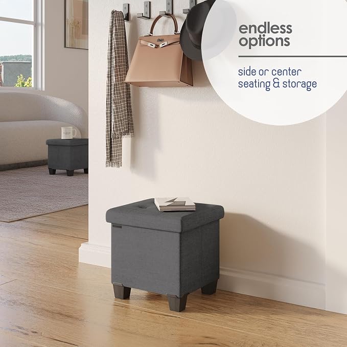 Storage Ottoman Cube with Small Bin, 15-in Square Ottoman with Storage for Living Room and Bedroom, Small Ottomans Foot Rest, Fabric Foot Stools Ottomans Max 330lbs, Grey