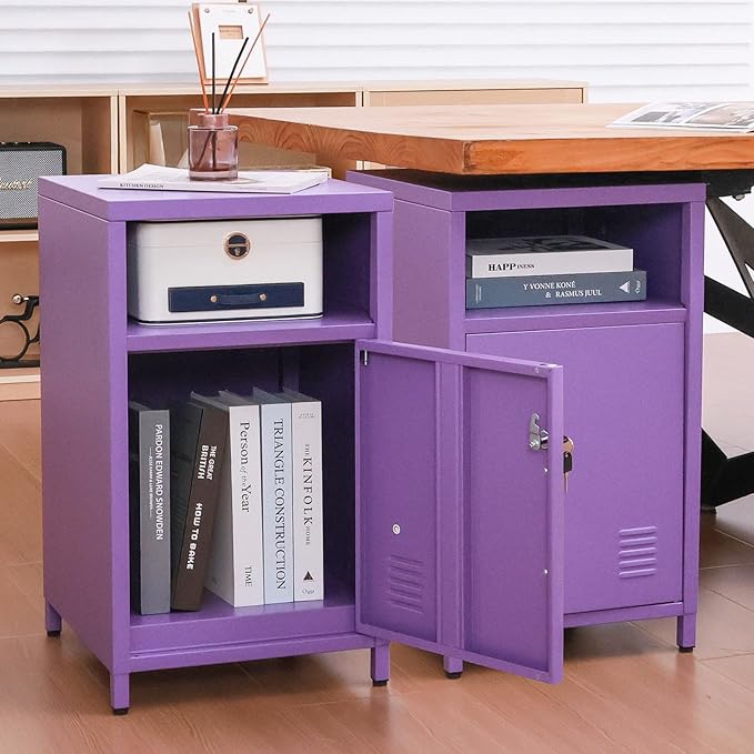 ALBAD Compact Metal Nightstand with Lockable Cabinet and Open Shelf, Modern Bedside Table, Versatile Side Table for Bedroom, Living Room, or Office (Purple, 26" H-Lockable Door)