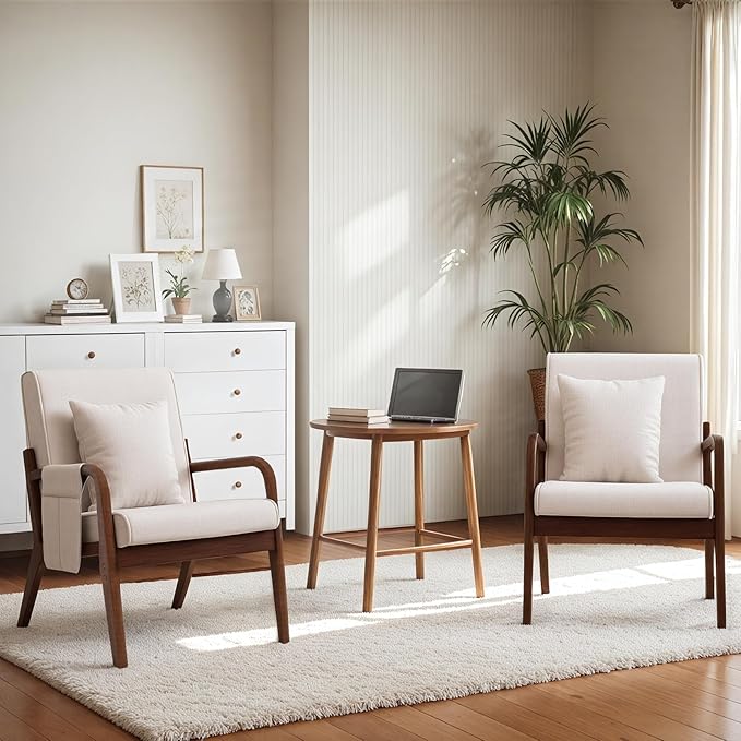 HOMMPA Mid-Century Modern Accent Chair, Comfy Reading Armchair with Solid Wood Frame & Lumbar Pillow, Upholstered Linen Lounge Chair with Side Pocket for Living Room, Bedroom,Balcony(Beige)
