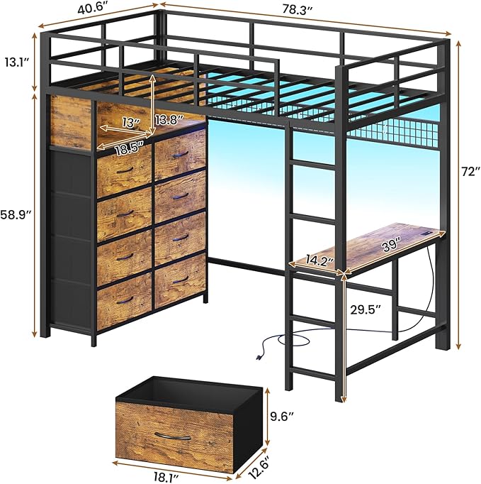 BTHFST Twin Loft Bed with Desk & 8 Storage Drawers Tall Dresser, Metal Loft Bed with LED Lights & Charging Station, 2-Tier Storage Shelves, Stable & Sturdy, Noise Free, Rustic Brown and Black