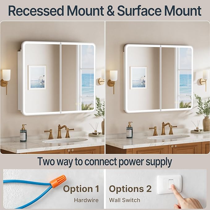 36x30 Inch Medicine Cabinet with Mirror, Recessed or Surface Mount Bathroom Medicine Cabinet with LED Lights, Anti-Fog, Memory Function, Adjustable Shelf, Dimmable Light, ETL Listed, White