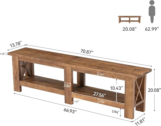 70.87" Solid Wood Entryway Shoe Bench, Extra Long Farmhouse Entryway Bench with Storage for Hallway, End of Bed, Dining Room, Rustic Brown