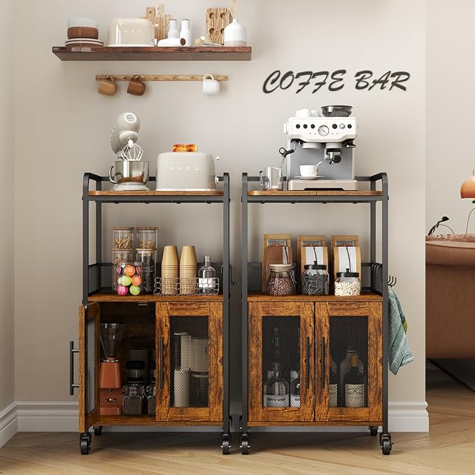 Hencawima Small Coffee Bar Cabinet with Storage, 3-Tier Rolling Coffee Bar Table, Farmhouse Coffee Cart Station with 2 Doors for Living Room, Dining Room, Rustic Brown