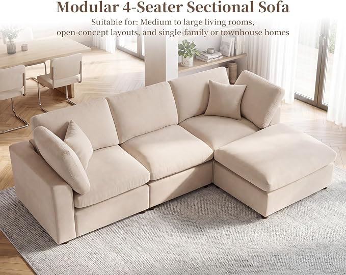 Modular Cloud Sectional Couches for Living Room, Oversized Modular Sectional Sofa with Ottoman, L Shaped 3 Seater Couch with Pillow, Light Camel