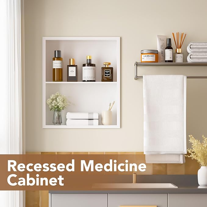 14x18 Recessed Medicine Cabinet, Bathroom Wall Cabinet, 304 Stainless Steel Recessed Wall Niche with 2-Tiers Shelves, Matte White