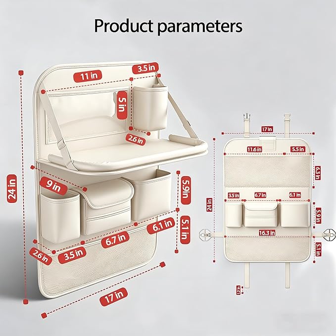 Universal Foldable Car Backseat Organizer with Table Tray, Car Seat Back Protector with Touch Screen Phone Holder, Premium Leather Kick Mats with Storage Pockets Tissue Holder (Beige)