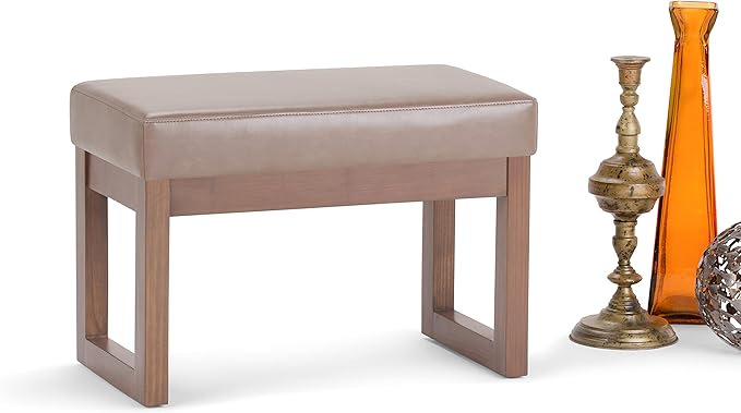 SIMPLIHOME Milltown Small Ottoman Bench - 27" Wide x 18" High Upholstered Vegan Leather Rectangle Footstool Ottoman in Ash Blonde, Contemporary Bench for Living Room with Cushioned Seat, Assembled
