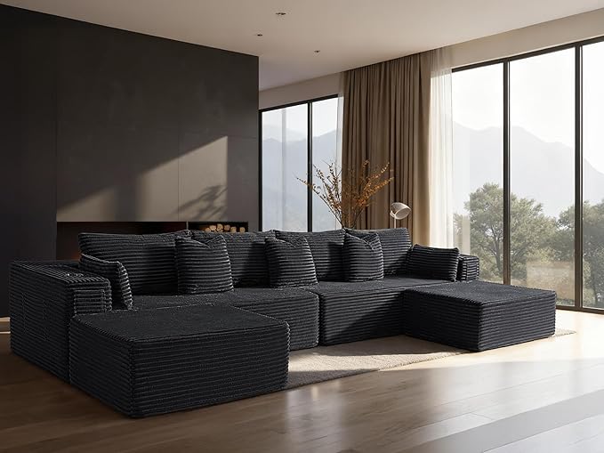 138" Cloud Sectional Couch, Comfort U Shaped Sofa for Living Room, Extra Deep Seats No Assembly, Minimalist Modular Couch, Corduroy (Black, 6 Seats,U-Shape A)