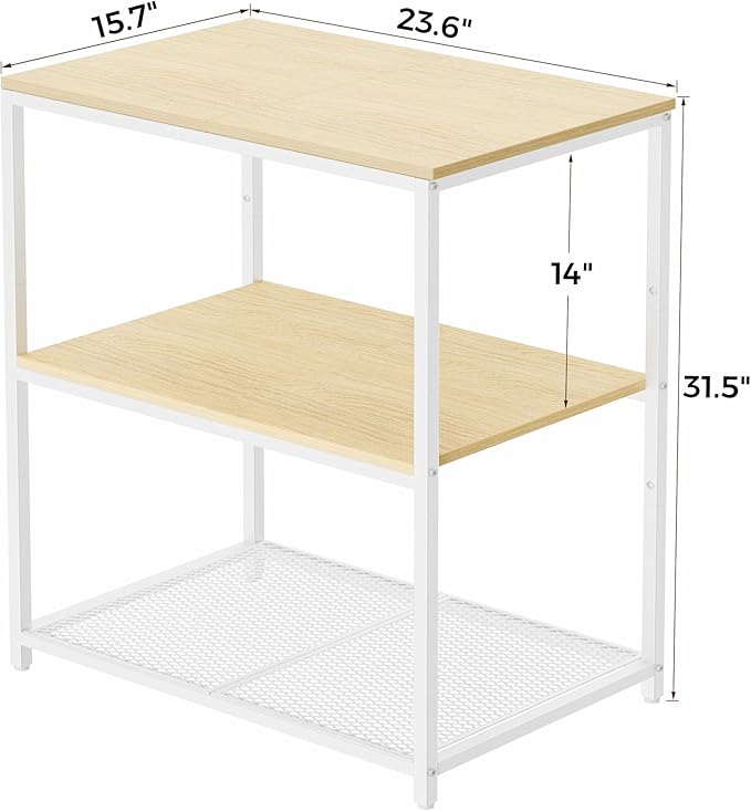 Homleke Kitchen Island with 3 Shelves, Kitchen Shelf with Large Workstation, Bakers Rack, Workbench, Metal Frame, White and Natural