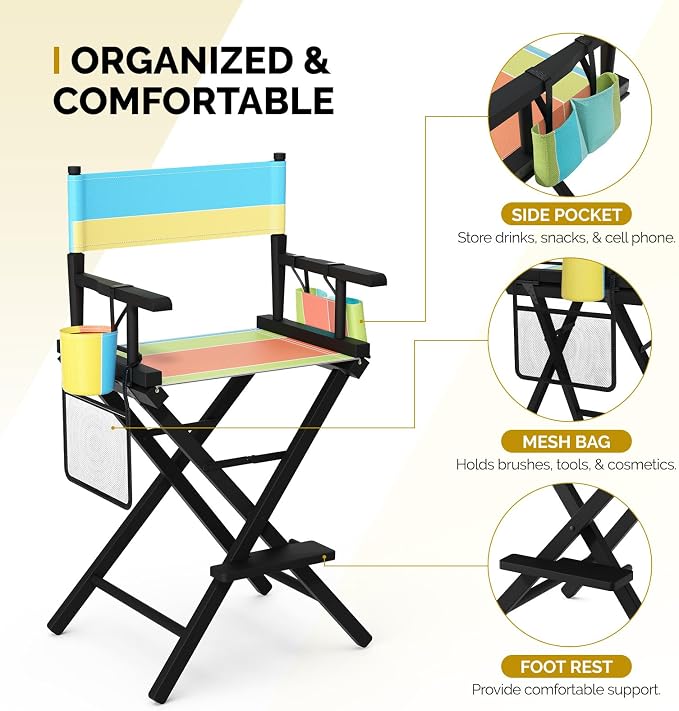 OmySalon 26" H Tall Directors Chair, Wooden Portable Folding Makeup Chair w/Storage Pouch & Footrest, Professional for Salon/Events/Mobile Services, 250lb Capacity, Colorful Canvas & Black Frame