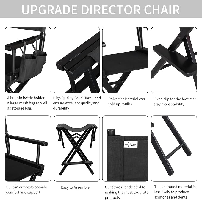 OmySalon 26" H Tall Directors Chair, Wooden Portable Folding Makeup Chair w/Storage Pouch & Footrest, Professional for Salon/Events/Mobile Services, 250lb Capacity, Black Canvas