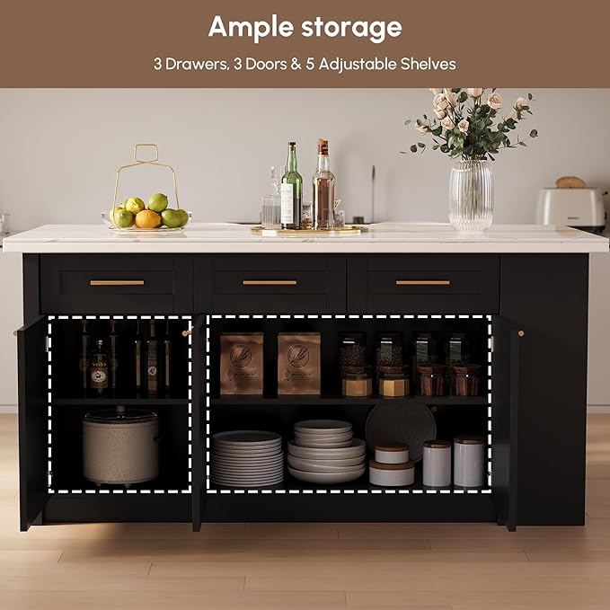 homary 72" Modern Kitchen Island with Storage, White Marble-Effect Engineered Wood Top, Modern Kitchen Table for Dining Room, Black & White