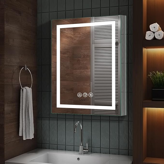 26 x 20 Inch Led Medicine Cabinet Outlet, Lighted Medicine Cabinets for Bathroom with Mirror, Recessed or Surface Wall Mounted, Defogger, Dimmer, Glass Door Cabinet with Single Door