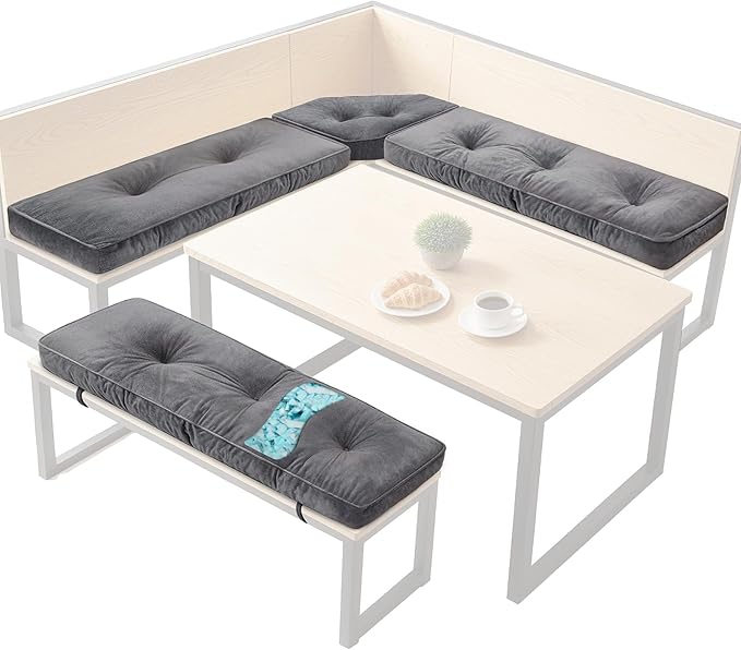 4 Piece Breakfast Nook Cushions Kitchen Corner Nook Cushion Set Shredded Foam Support 3 inch Thick Bench Seat Cushion Pad for Dining(Gray)