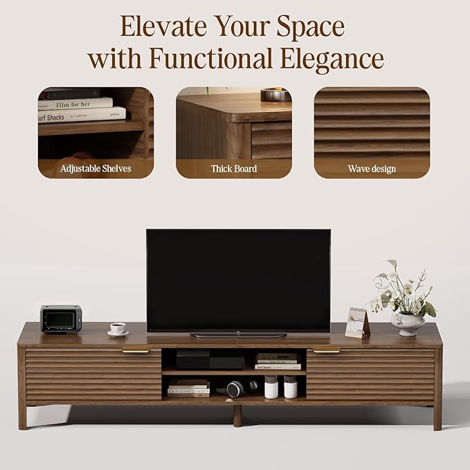 IKALIFE TV Stand for Living Room - up to 80 Inch TVs Mid Century Modern Entertainment Center with Storage and Adjustable Shelves, Media Console Table Walnut 71"