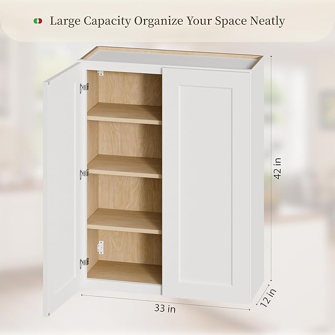 Kisart Laundry Room Cabinets Wall Mounted with Doors & Shelves, Solid Wood RTA Medicine Storage Cabinet, 33" Wx42 Hx12 D Inch White Shaker Hanging Cupboard, Space-Saving for Kitchen, Bathroom, Garage