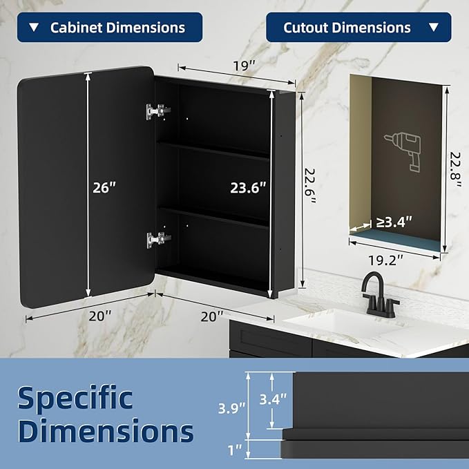 Medicine Cabinet with Mirror, 20x26 Inch Black Bathroom Mirrored Cabinet, Metal Framed Wall Cabinet with Beveled Mirror, Modern Surface Mount or Recessed Medicine Cabinet with Storage