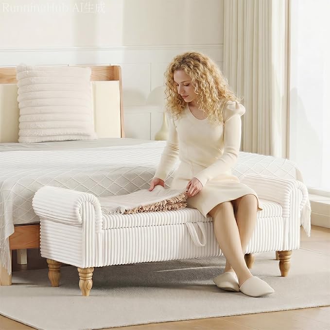 51.5" Bench for End of Bed Storage Benches, Queen End of Bed Bench Corduroy Upholstered Storage Ottoman Window Bench with Storage, for Bedroom, Entryway, Closet, White