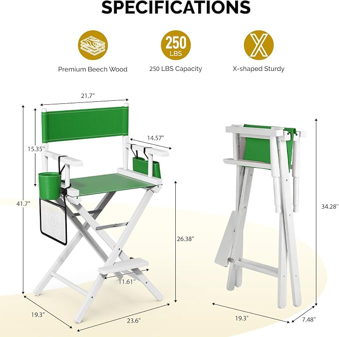 OmySalon 26" H Tall Directors Chair, Wooden Portable Folding Makeup Chair w/Storage Pouch & Footrest, Professional for Salon/Events/Mobile Services, 250lb Capacity, Olive Green Canvas & White Frame
