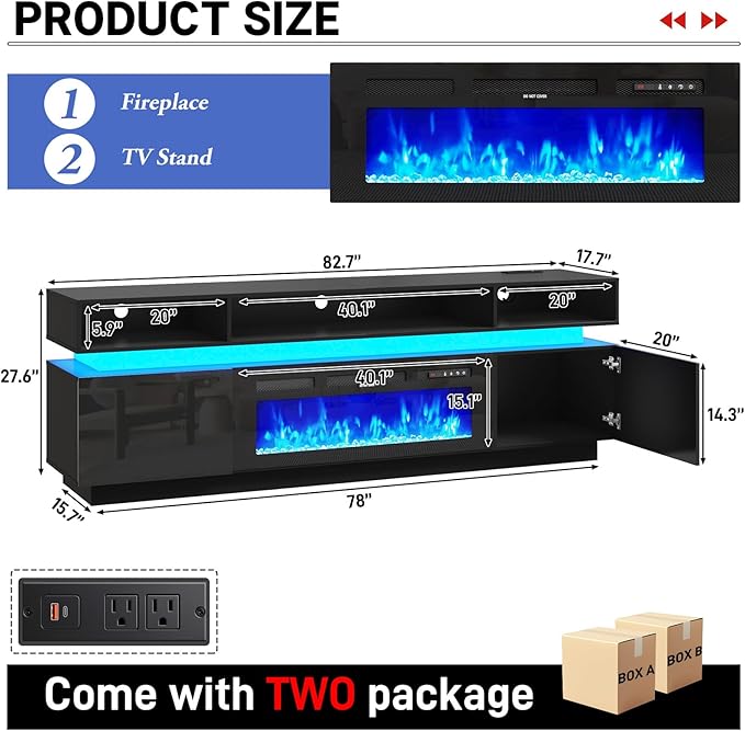 chartustriable Fireplace TV Stand for 95" TV, 83" LED Entertainment Center with 40" Fireplace & Power Outlets, High Gloss TV Stand, Gaming TV Media Console for Living Room, 83 Inch, Black