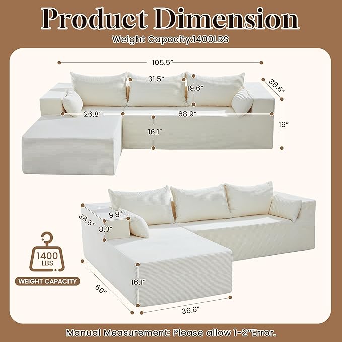 106" Cloud Sectional Boneless Couches for Living Room, Modular L Shaped Couch with Deep Seat Oversized Left Facing Chaise, Memory Foam Compressed Spineless 3 Seater Sofa for Bedroom Apartment, Beige