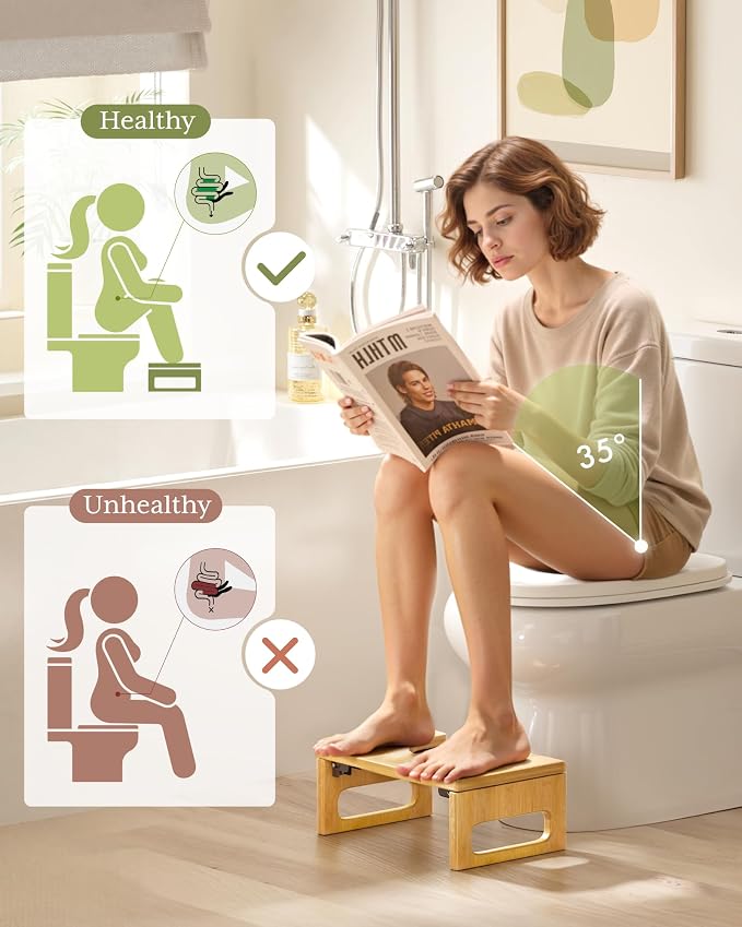 AmazerBath 7 Inches Bamboo Toilet Stool Squat for Adult, Foldable Squatting Potty Stools for Bathroom, 0.79" Thickness Poop Stool with Non-Slip Strip, Space-Saving, No Assembly Required, Natural Color