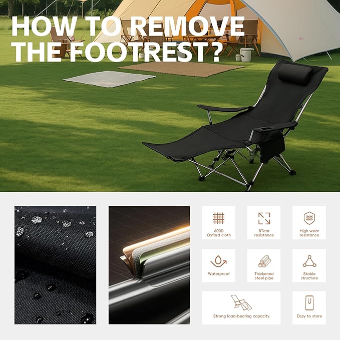 Camping Chairs Zero Gravity Recliner Chair with 4-in-1 Adjustable - Portable Folding Recliner with Cup Holder & Side Pocket, Detachable Footrest for Patio, Beach, Lawn, No Assembly - Black