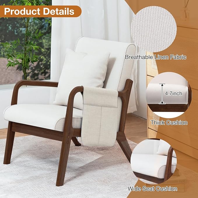 HOMMPA Mid-Century Modern Accent Chair Set of 2, Comfy Reading Armchair with Solid Wood Frame & Lumbar Pillow, Upholstered Linen Lounge Chair with Side Pocket for Living Room, Bedroom,Balcony(Beige)
