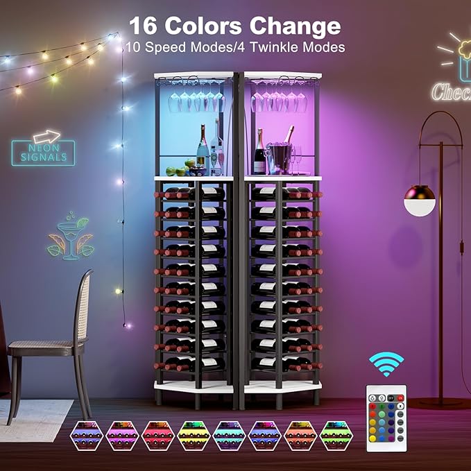 Homeiju Corner Wine Rack with Glass Holder and Led Strip Light, Corner Bar Wine Racks Freestanding Floor, Industrial Corner Bar Cabinet for Kitchen, Dining Room, Living Room or Cellar