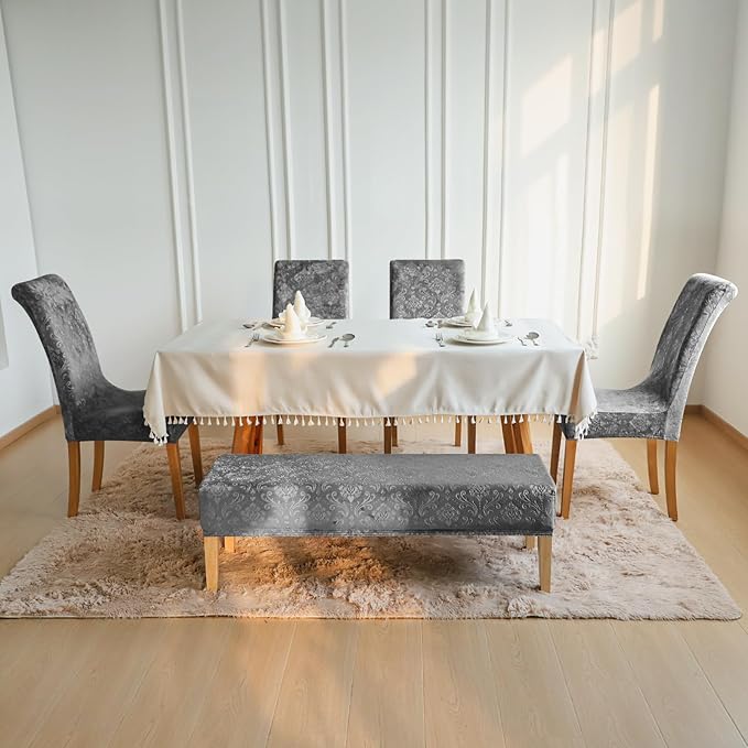 FORCHEER Kitchen Chair seat Cover Set 4 and Bench Cover Set Velvet Flower Pattern Anti-Dust Removable Seat Protector for Dining Room- 4 PCS Chair Cover+1 PC Bench Cover(Dark Grey)
