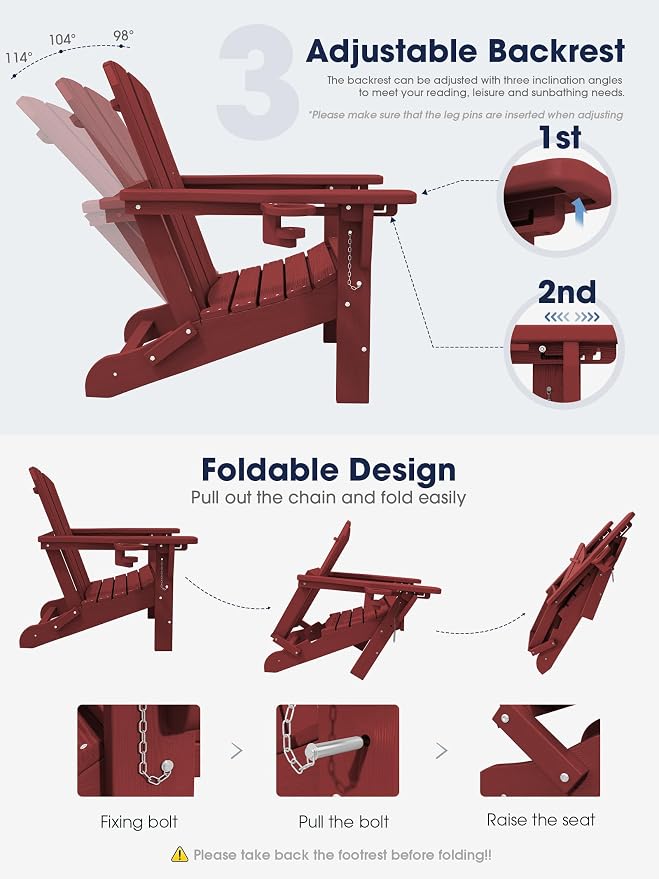 KINGYES Folding Adjustable Adirondack Chair with Ottoman & 2 Cup Holders Set of 4, HDPE Adirondack Recliner Chair with Footrest, Red