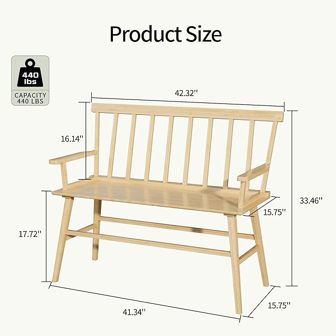 APRTAT Bamboo Entryway Bench, Farmhouse Dining Bench with Spindle Back & Armrest 3 Person Indoor Bench Chair Wood Windsor Bench Durable Easy Assembly for Foyer Balcony Hallway Living Room (Natural)