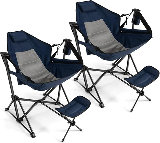 COSTWAY Folding Camping Chair, Portable Beach Chair with Retractable Footrest, Adjustable Back, Cup Holder & Carry Bag, Outdoor Lawn Patio Chair for Camping, Fishing, Hiking (Navy, 2 Pack)