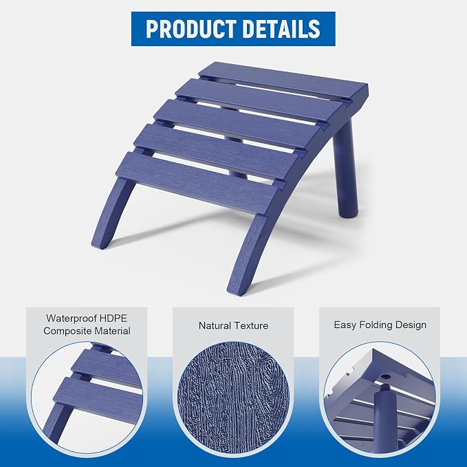 FONTOI Adirondack Ottoman, HDPE Plastic Adirondack Chair Footstool, All Weather Outdoor Footrest for Patio, Backyard, Lawn, Fire Pits, Navy Blue