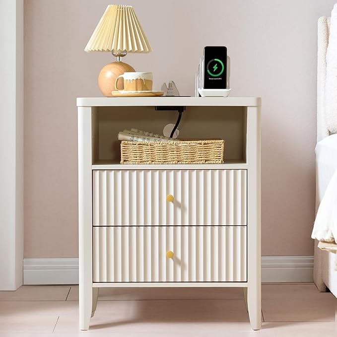 Fluted Nightstand with Charging Station, 21" Wide Modern Bedside Table with 2 Drawers & Open Shelf, Wood End Table with Storage & Metal Handle for Bedroom, Living Room, Small Spaces, Creamy White