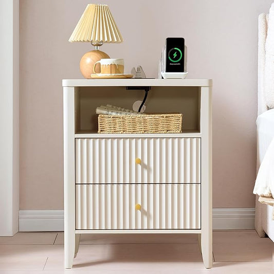 Fluted Nightstand with Charging Station, 21" Wide Modern Bedside Table with 2 Drawers & Open Shelf, Wood End Table with Storage & Metal Handle for Bedroom, Living Room, Small Spaces, Creamy White