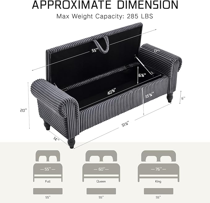 51.5" Bench for End of Bed Storage Benches, Queen End of Bed Bench Corduroy Upholstered Storage Ottoman Window Bench with Storage, for Bedroom, Entryway, Closet, Dark Grey