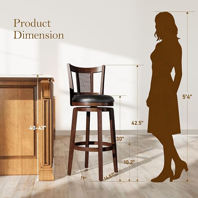 Sophia & William Swivel Bar Stools Set of 3, Bar Height Barstools with Backrest & Solid Wood Legs, Brown Faux Leather Kitchen Stools, 30 Inch
