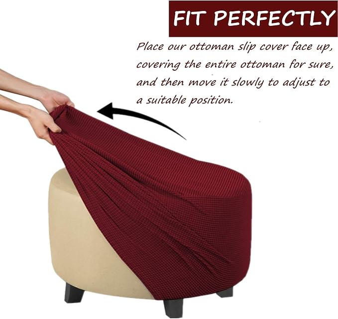 Stretch Ottoman Slipcover – Round Furniture Protector Fits 24"-29" Dia, for Footrests, Storage Ottomans & Folding Stools – Elastic Fabric Cover (Burgundy, Large)