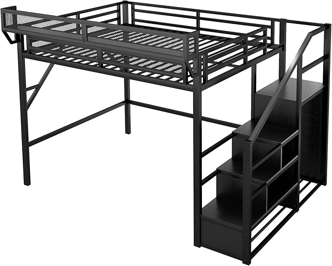 KEIKI Queen Size Metal Loft Bed Frame with Convertible Staircase, Built-in Storage Shelves and Wardrobe, Loft Bed with Solid Slats, Guardrail, No Box Spring Required, Easy Assembly, for Bedroom, Black