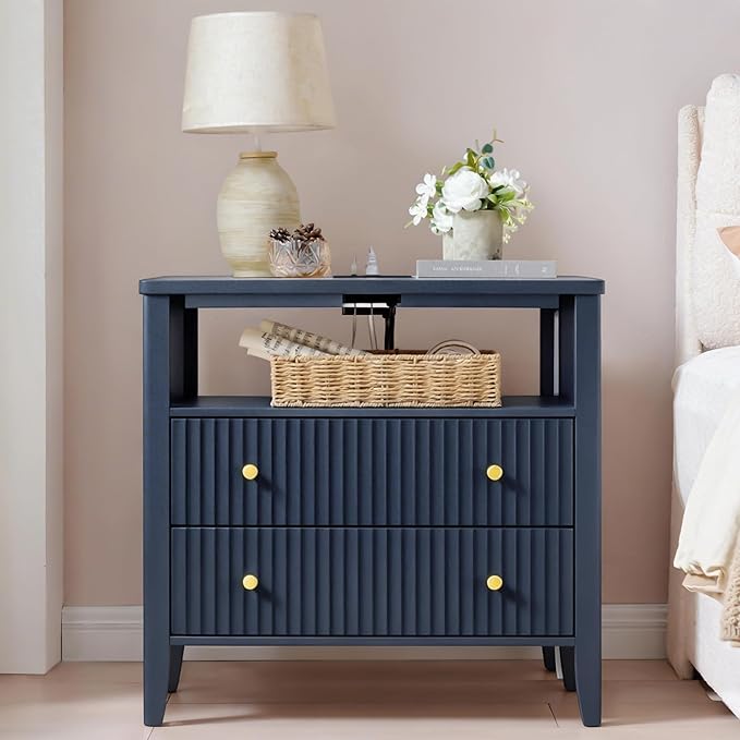 Fluted Nightstand with Charging Station Set of 2, 27.3" Tall Modern Bedside Table with 2 Drawers & Open Shelf, Large Wide Wood End Table with Storage & Metal Handle for Bedroom, Blue
