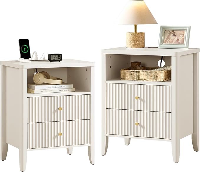 Fluted Nightstand with Charging Station, 21" Wide Modern Bedside Table with 2 Drawers & Open Shelf, Wood End Table with Storage & Metal Handle for Bedroom, Living Room, Small Spaces, Creamy White