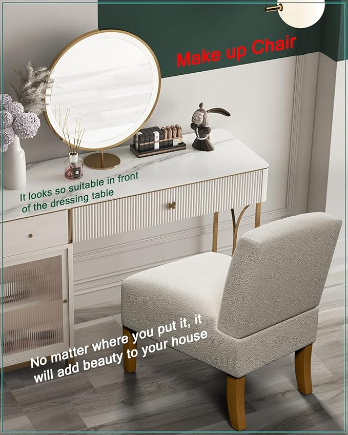 Armless Accent Chair for Bedroom, Modern Slipper Vanity Chair with Solid Wood Legs, Comfy Upholstered Bedroom Chair, Guest & Reading Chair - Beige