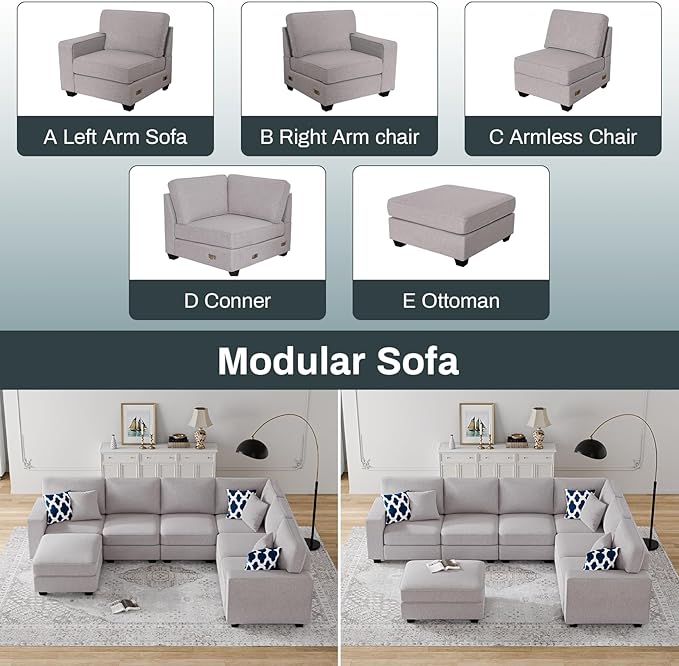 Legend Vansen Oversized Modular Sectional Sofa,U/L‑Shaped Reversible Couch with Ottoman,Deep Seat Plush Polyester Sofa for Living Room,7‑Seater,Light Grey