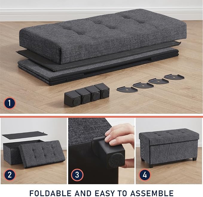 Ornavo Home 30 Inch Storage Ottoman, Large Storage Bench, Ottoman with Storage with Legs, Foot Rest Stool, Bedroom Bench - Dark Gray