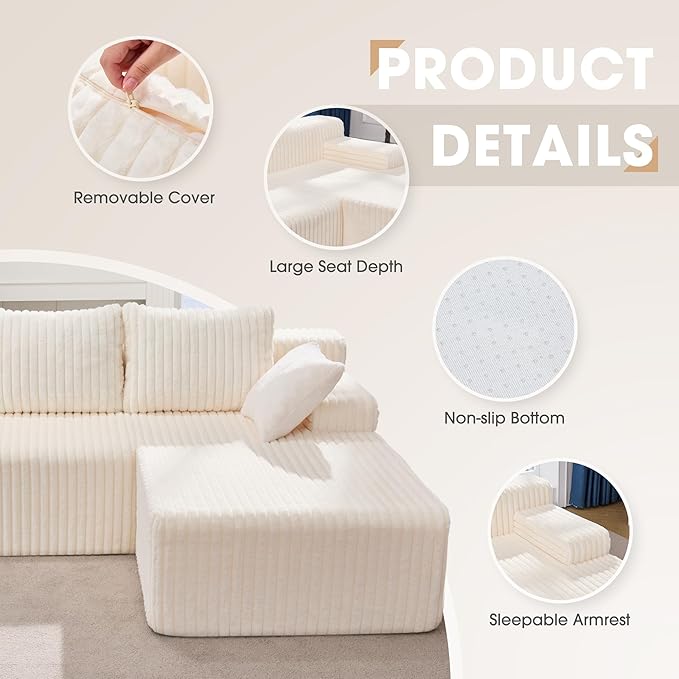 Hobestluk Modular Sectional Sofa Boneless Couch L-Shape Couch 3 Seat Modular Couch Memory Foam Sectional Couches for Living Room Furniture, Cloud Couch Lounge (White Stripe, 98" Right Facing Chaise)