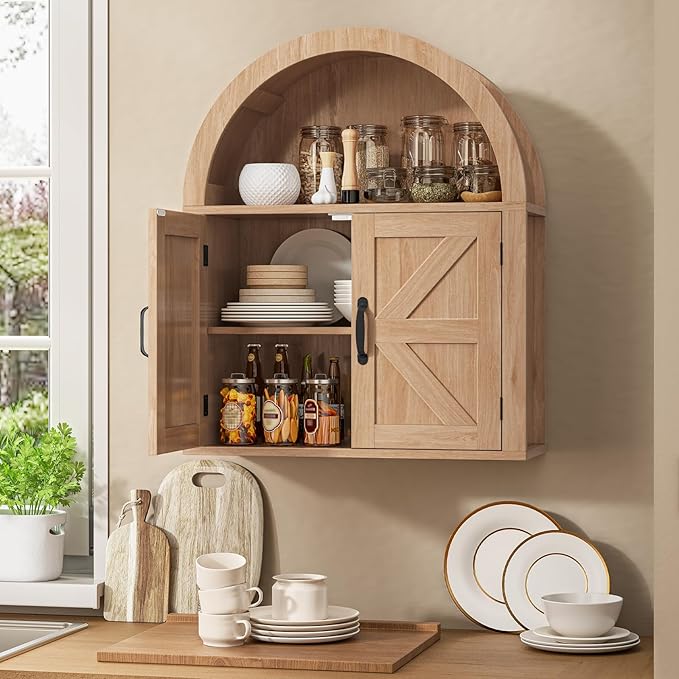 Halitaa Arched Bathroom Wall Cabinet, Farmhouse Medicine Cabinet with Barn Door and with Adjustable Shelf, 23.6 x 28.7'' Wooden Storage Cabinet Wall Mounted for Bathroom Laundry Room Kitchen, Natural