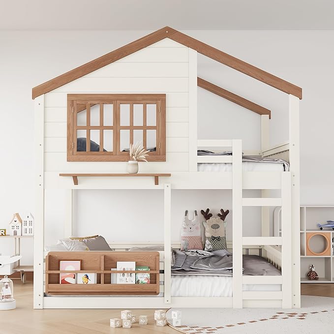 Full Size House Bunk Bed Frame with Storage Bookshelf, Window, Wooden Floor Bunk Bed with Fences, Space Saving for Kids Adults, No Noise, Beige