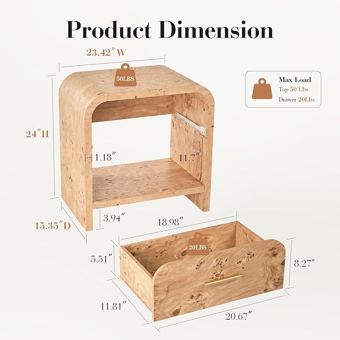 Night Stand Set of 2 [Unique Curved Profile] [FSC-Certified Wooden Board] 1-Drawer and 1 Storage Shelf Nightstand 24" H Metal Handle Modern Bedside Table Side Table End Table