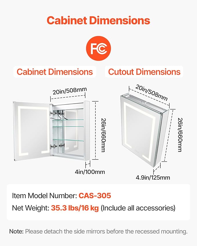 VEVOR Lighted Medicine Cabinet with Mirror, 20 x 26 in Recessed or Wall Mount, 3 Color Dimmable LED Bathroom Medicine Cabinet with Double-Side Mirror, Adjustable Shelves, Memory Anti-Fog Function